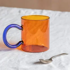 Amber Glass Mug with Blue Handle