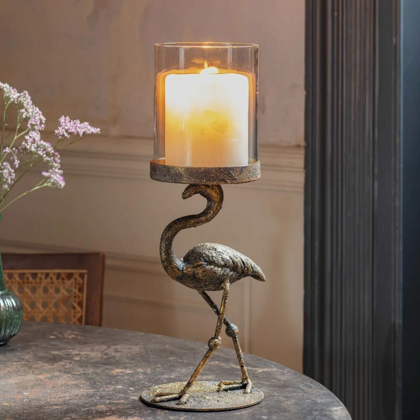 Antique Brass Flamingo Candle Holder