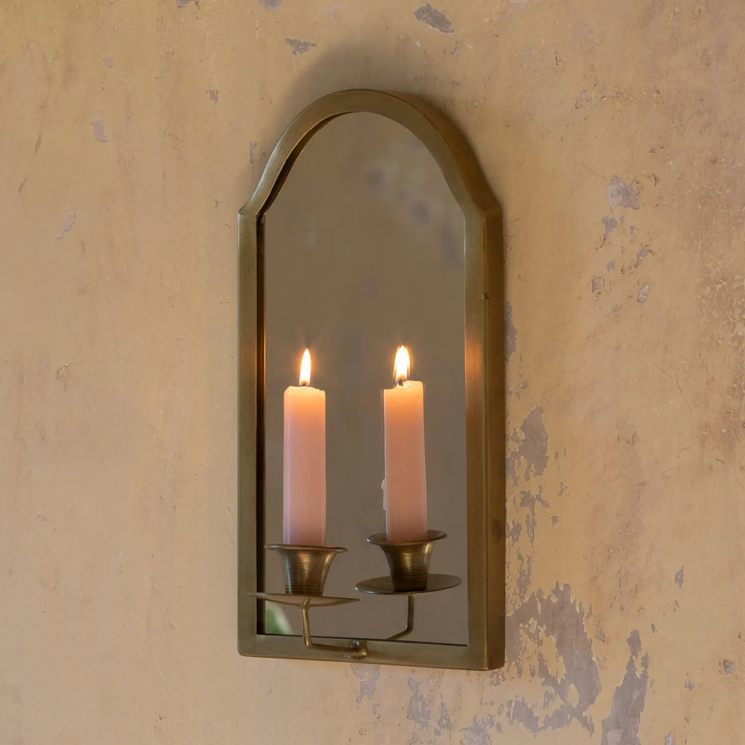 Antiqued Brass Wall Mirror with Candle Sconce
