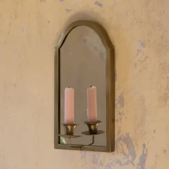 Antiqued Brass Wall Mirror with Candle Sconce