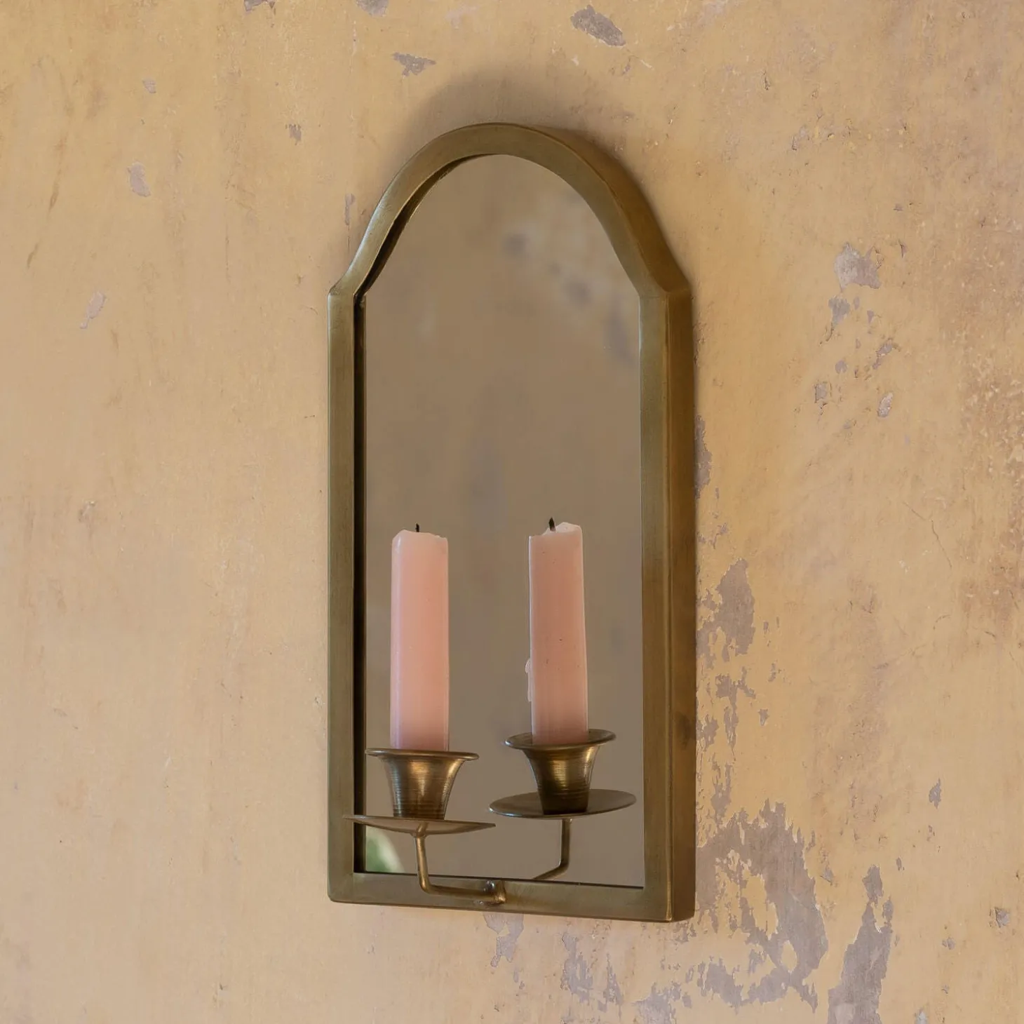 Antiqued Brass Wall Mirror with Candle Sconce