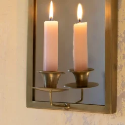 Antiqued Brass Wall Mirror with Candle Sconce