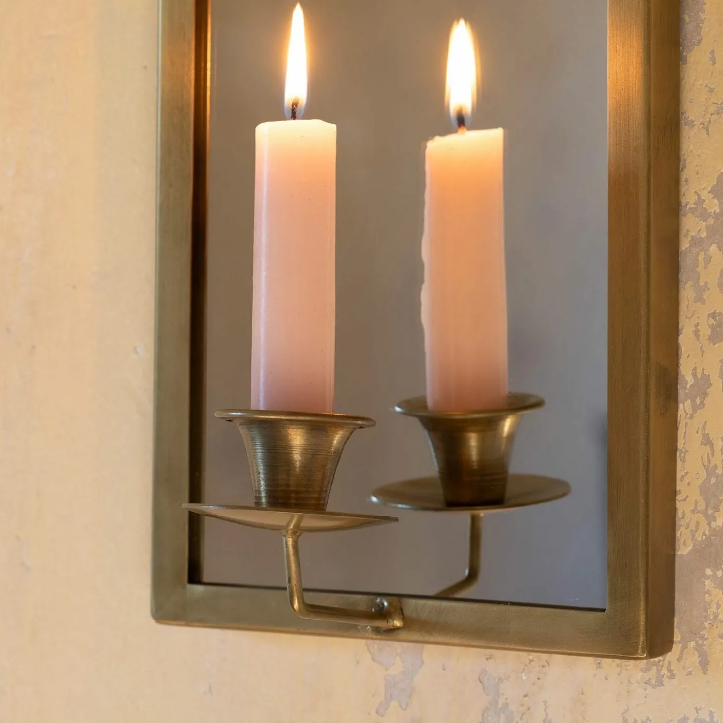 Antiqued Brass Wall Mirror with Candle Sconce
