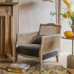 Baylor Grey Velvet and Cane Armchair