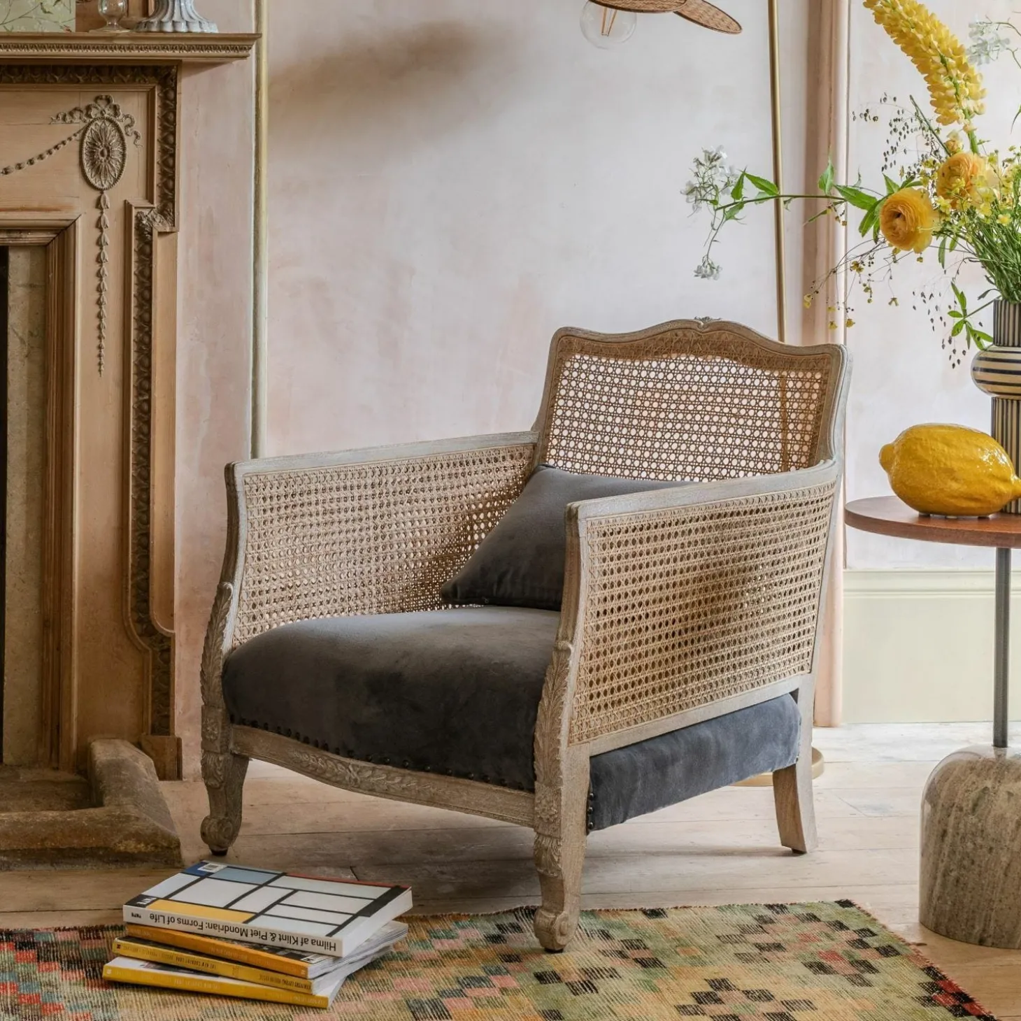 Baylor Grey Velvet and Cane Armchair