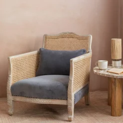 Baylor Grey Velvet and Cane Armchair