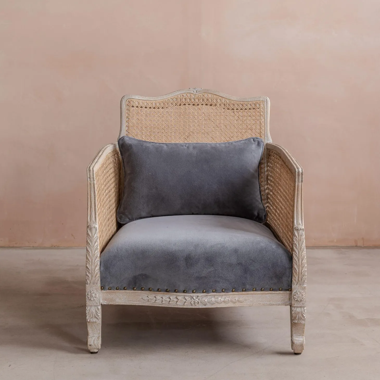 Baylor Grey Velvet and Cane Armchair