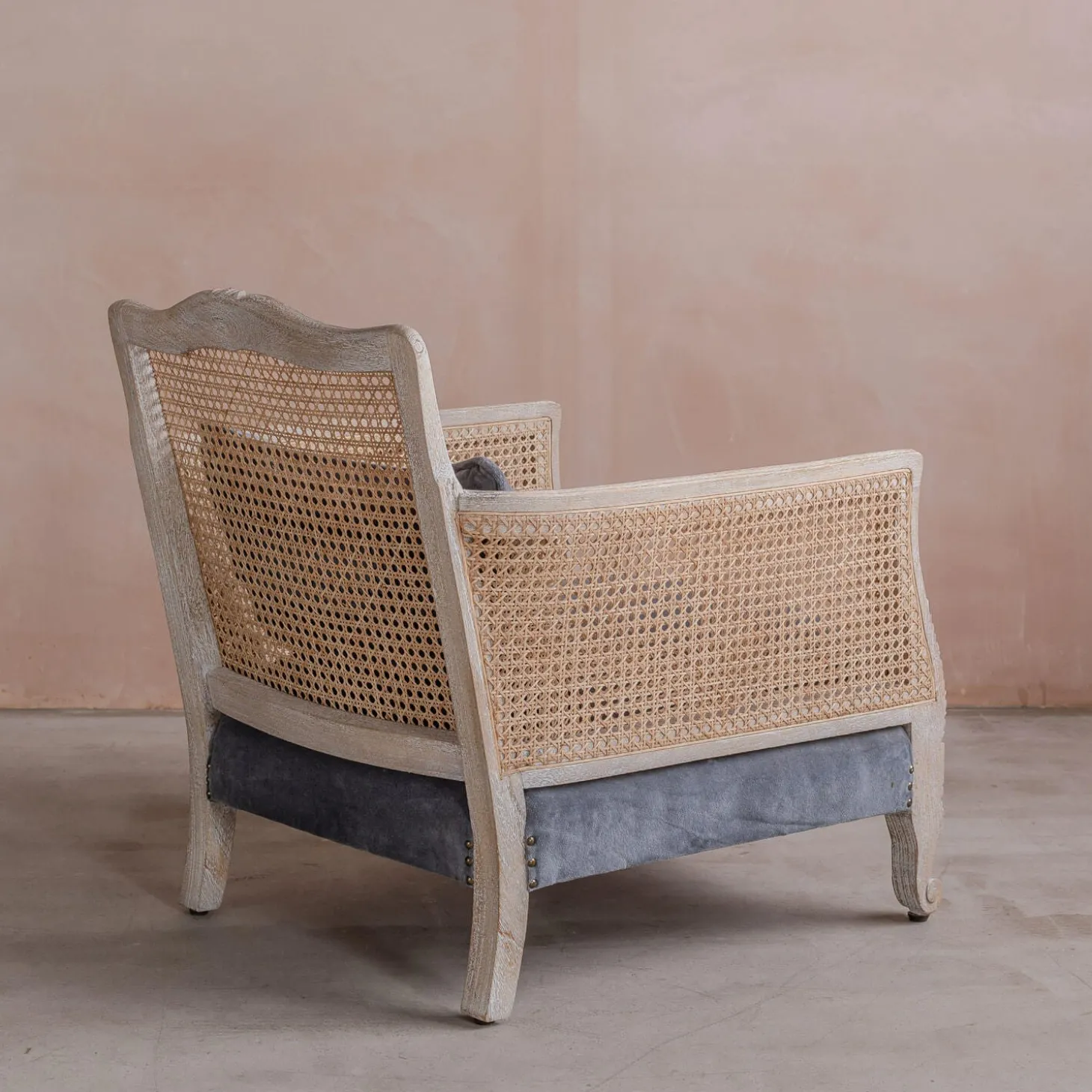 Baylor Grey Velvet and Cane Armchair