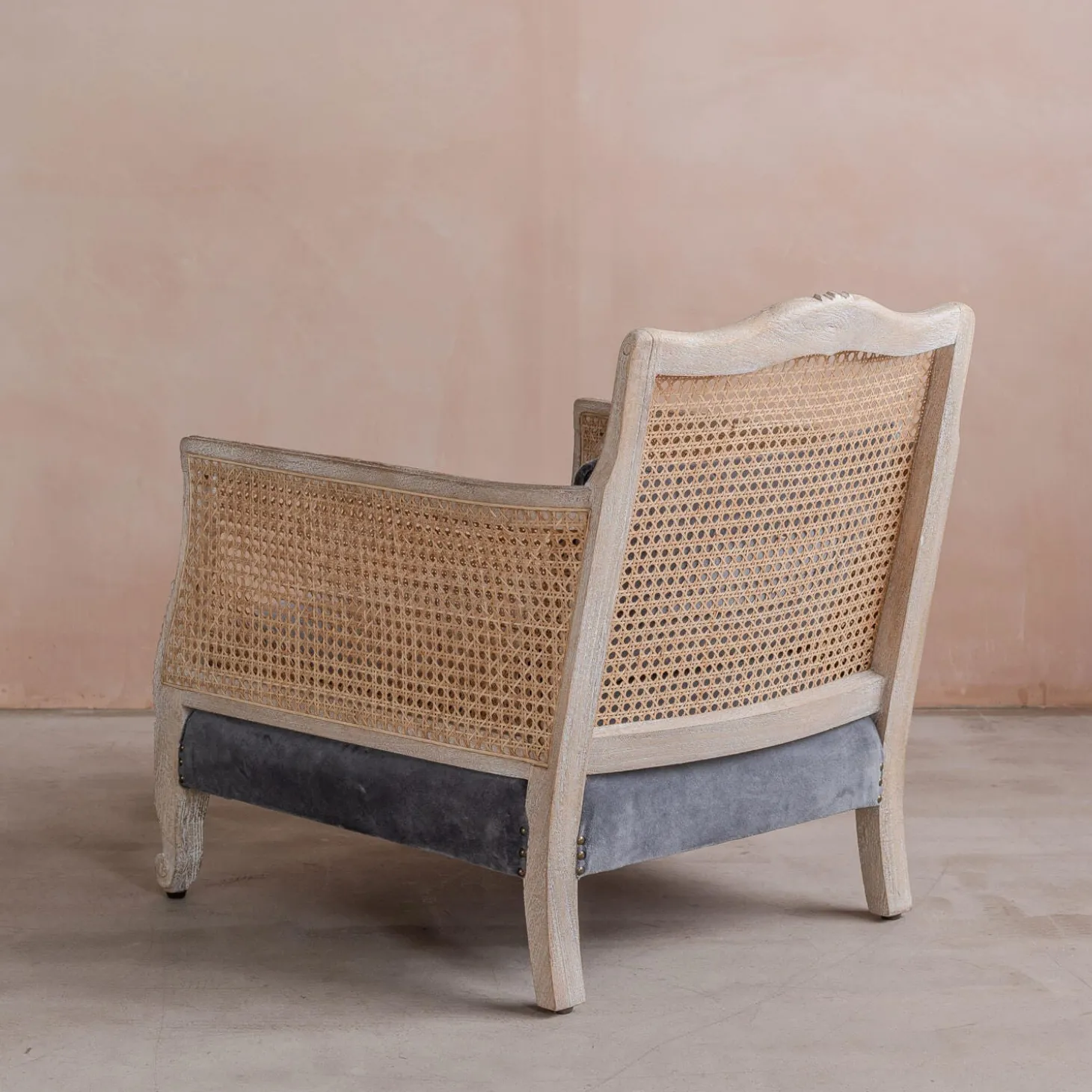 Baylor Grey Velvet and Cane Armchair