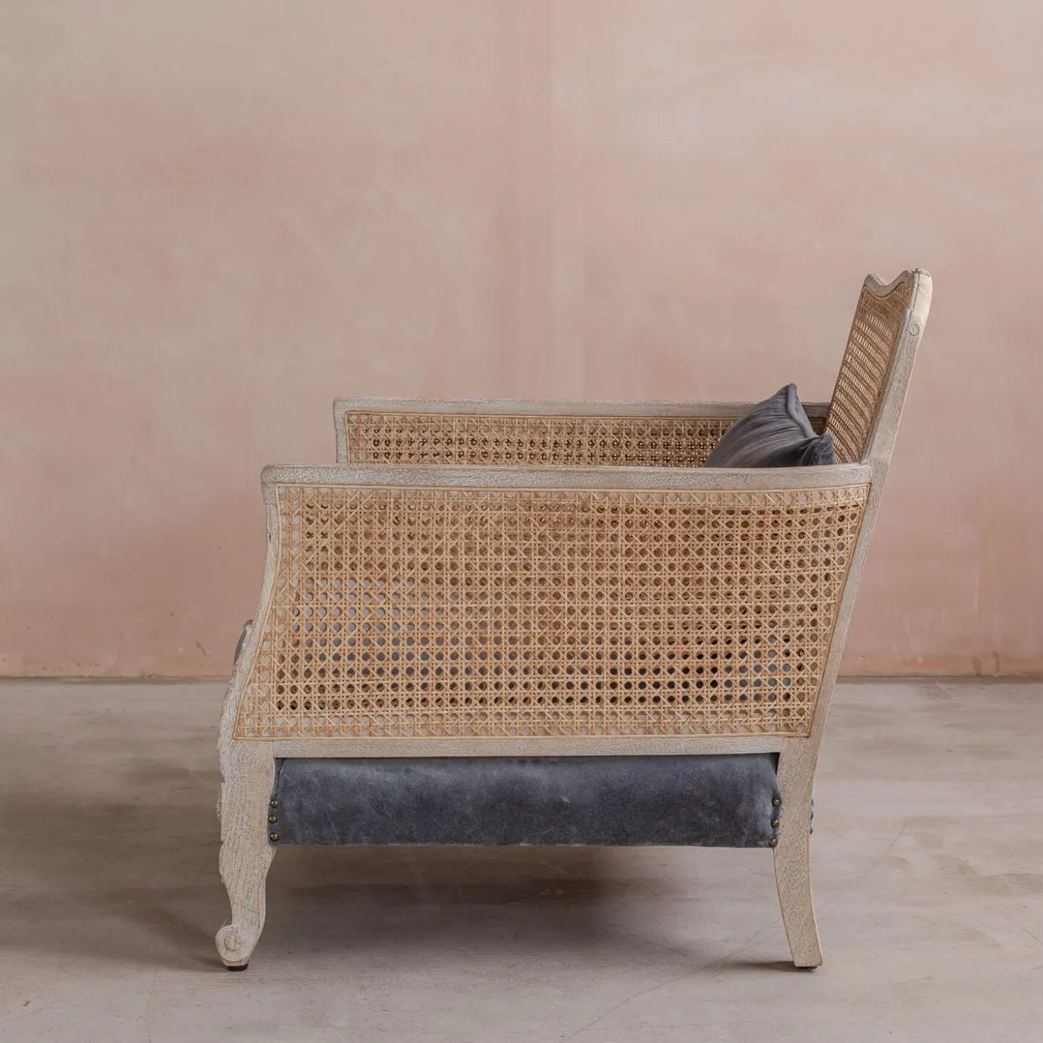 Baylor Grey Velvet and Cane Armchair