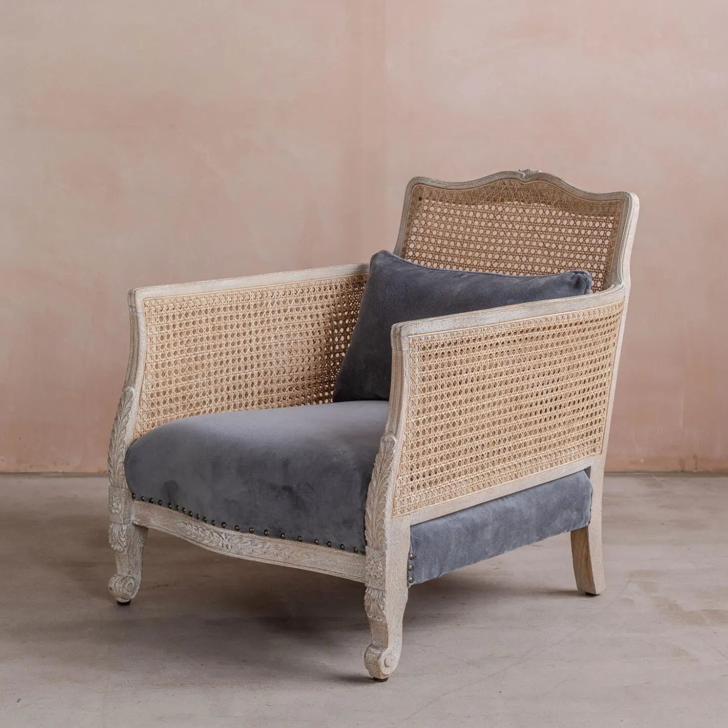 Baylor Grey Velvet and Cane Armchair