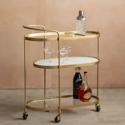Beau Drinks Trolley with White Marble and Glass Shelves