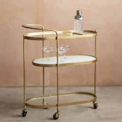 Beau Drinks Trolley with White Marble and Glass Shelves