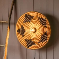 Black and Cream Seagrass Dish Wall Light