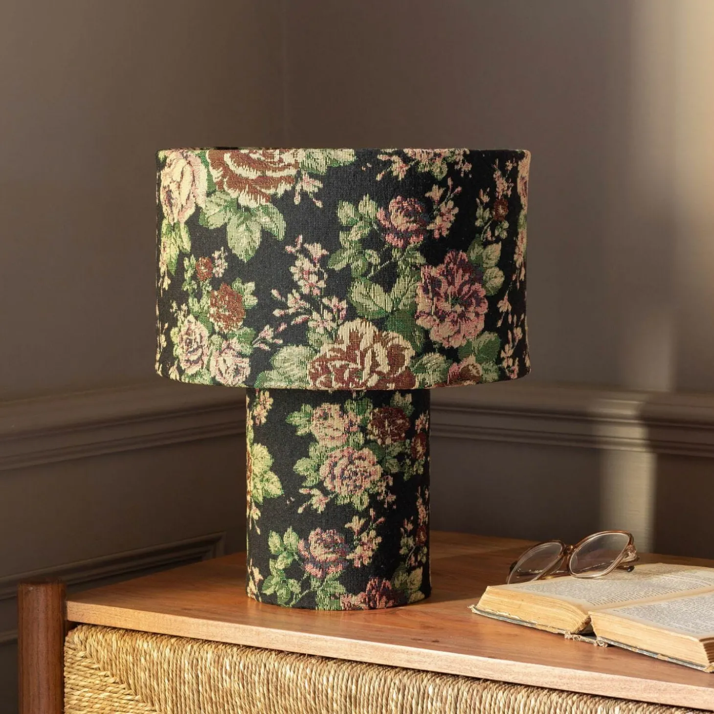 Black Floral Tapestry Table Lamp