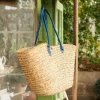 Blue Leather and Natural Woven Palm Shopper Bag