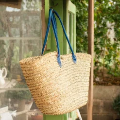 Blue Leather and Natural Woven Palm Shopper Bag