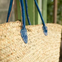 Blue Leather and Natural Woven Palm Shopper Bag