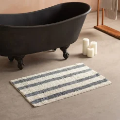 Blue Striped Tufted Bath Mat