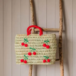 Cherry Embroidered Basket Tote Bag
