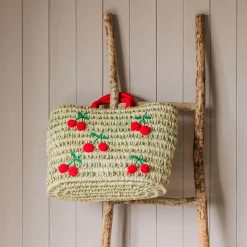 Cherry Embroidered Basket Tote Bag