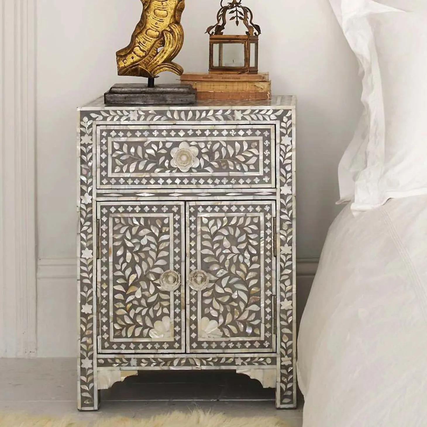 Classic Grey Mother of Pearl Bedside Table