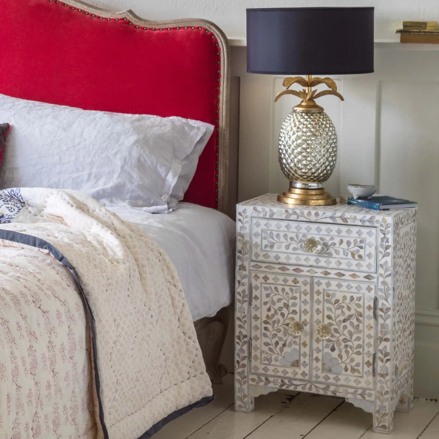 Classic White Mother of Pearl Bedside Table