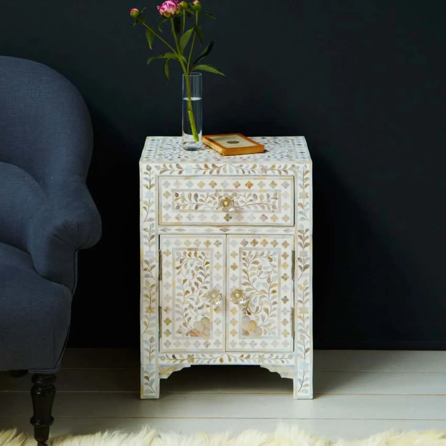 Classic White Mother of Pearl Bedside Table