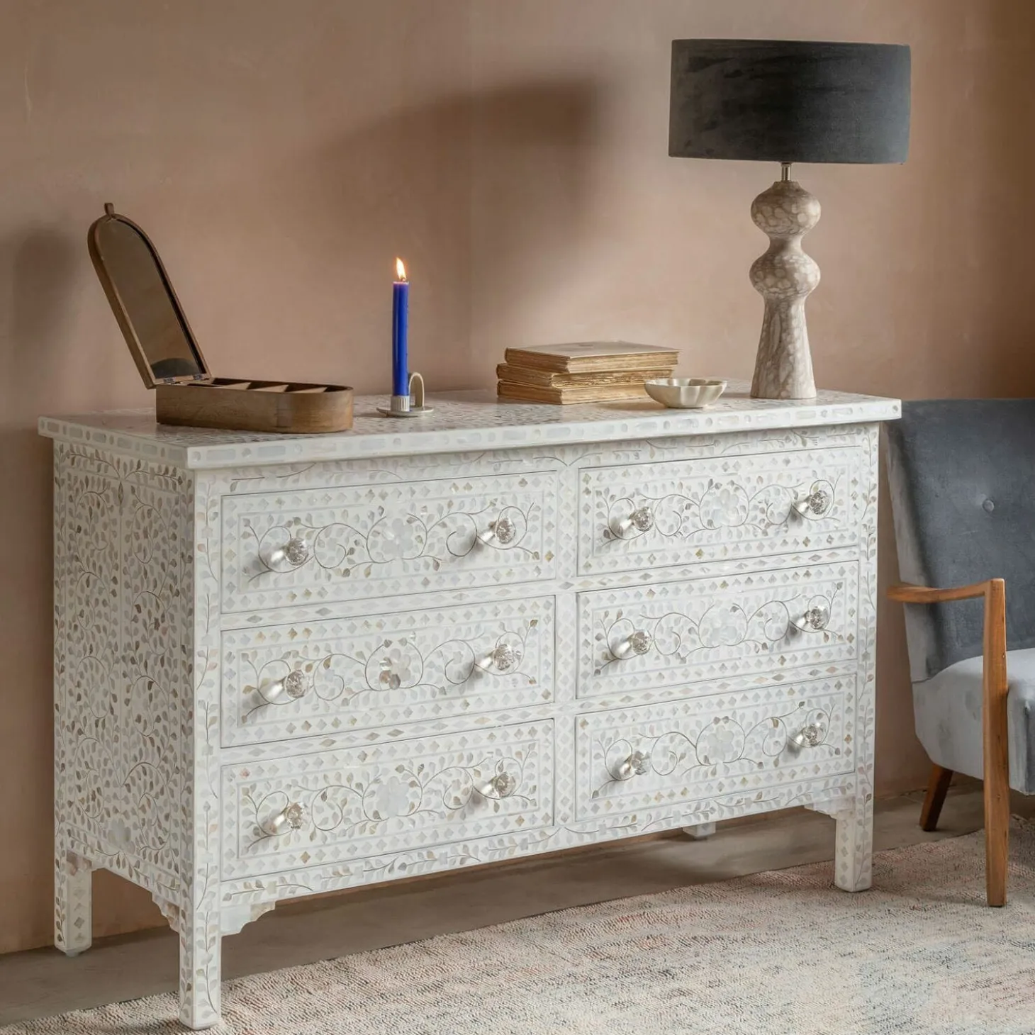 Classic White Mother of Pearl Small Double Chest of Drawers