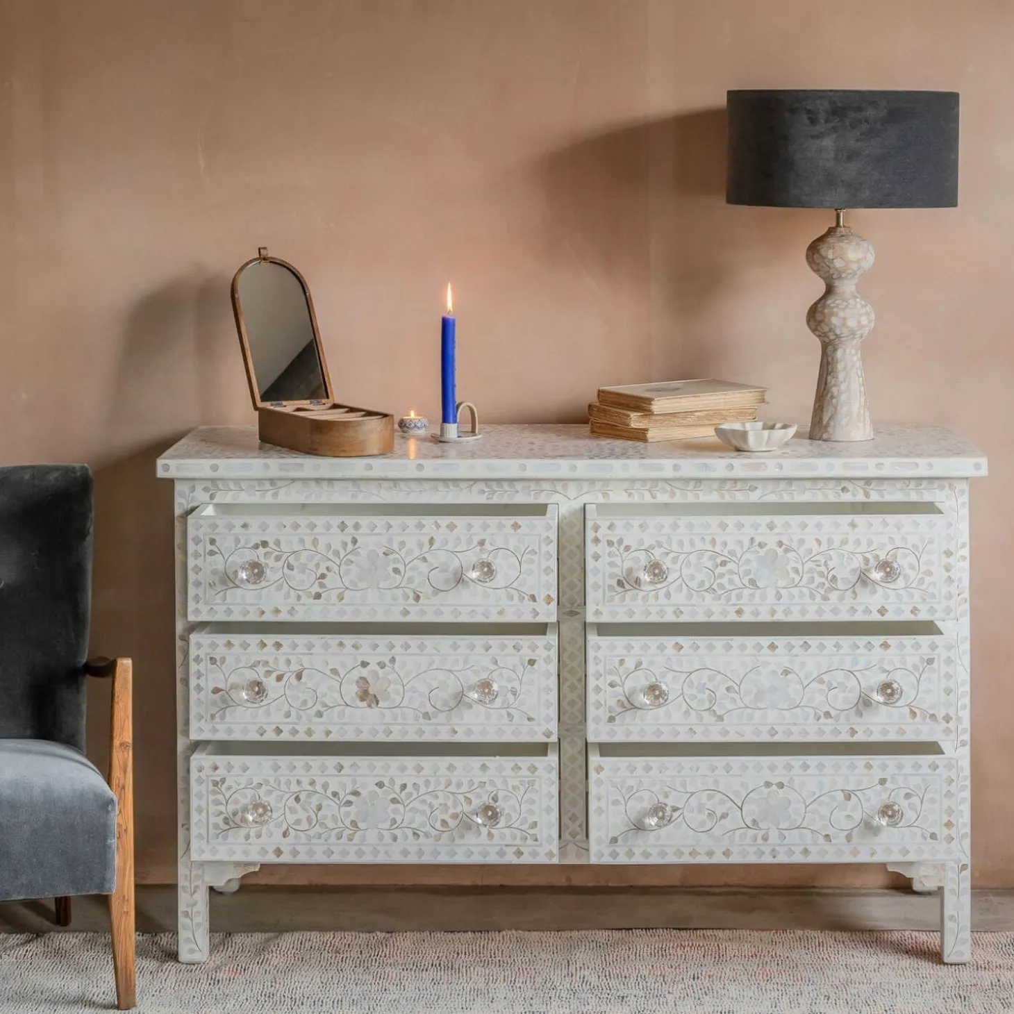 Classic White Mother of Pearl Small Double Chest of Drawers
