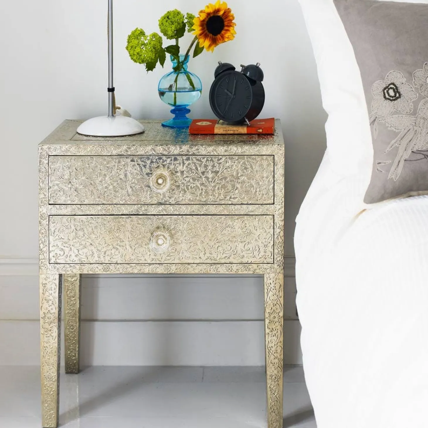 Embossed White Metal Bedside Table
