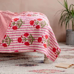 Floral and Pink Stripe Reversible King Size Quilt