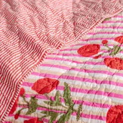 Floral and Pink Stripe Reversible King Size Quilt