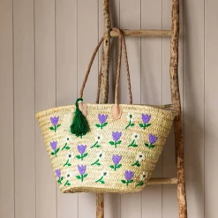 Flower Embroidered Basket Tote Bag