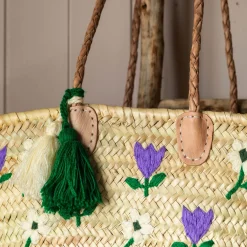 Flower Embroidered Basket Tote Bag