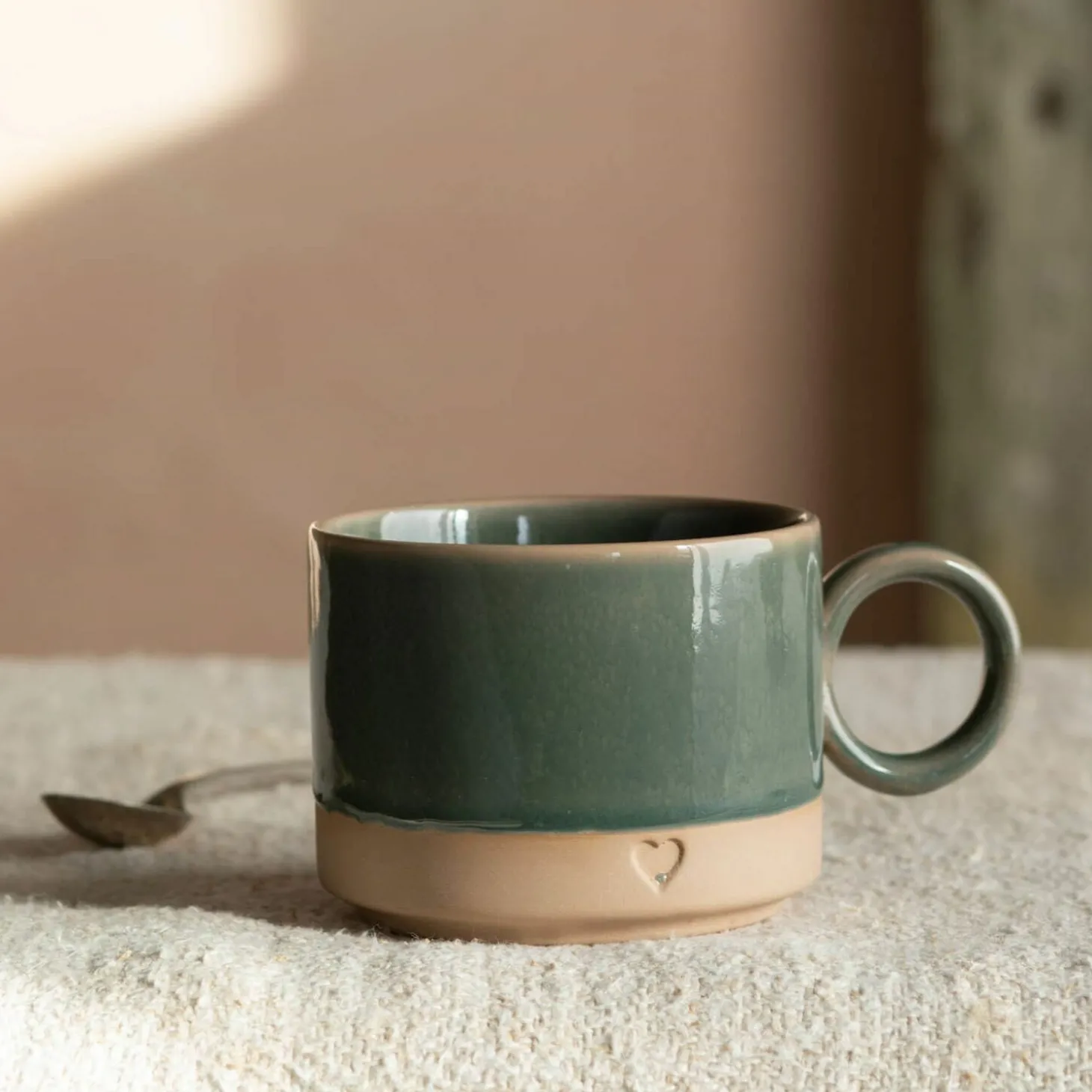 Green and Brown Stoneware Mug with Heart Detail