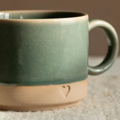 Green and Brown Stoneware Mug with Heart Detail