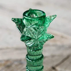 Green Glass Palm Tree Candle Holder