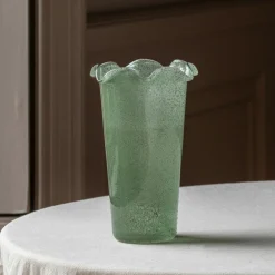 Green Glass Ruffle Vase