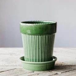 Green Ribbed Glazed Vase