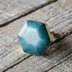 Hexagon Green Marble and Brass Knob