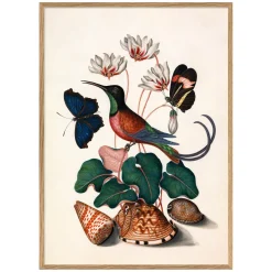 Hummingbird and Flowers Print with Oak Frames