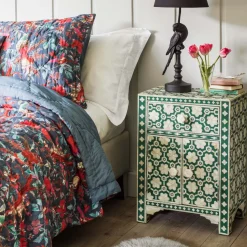 Jade Green Floral Bone Inlay Bedside Table