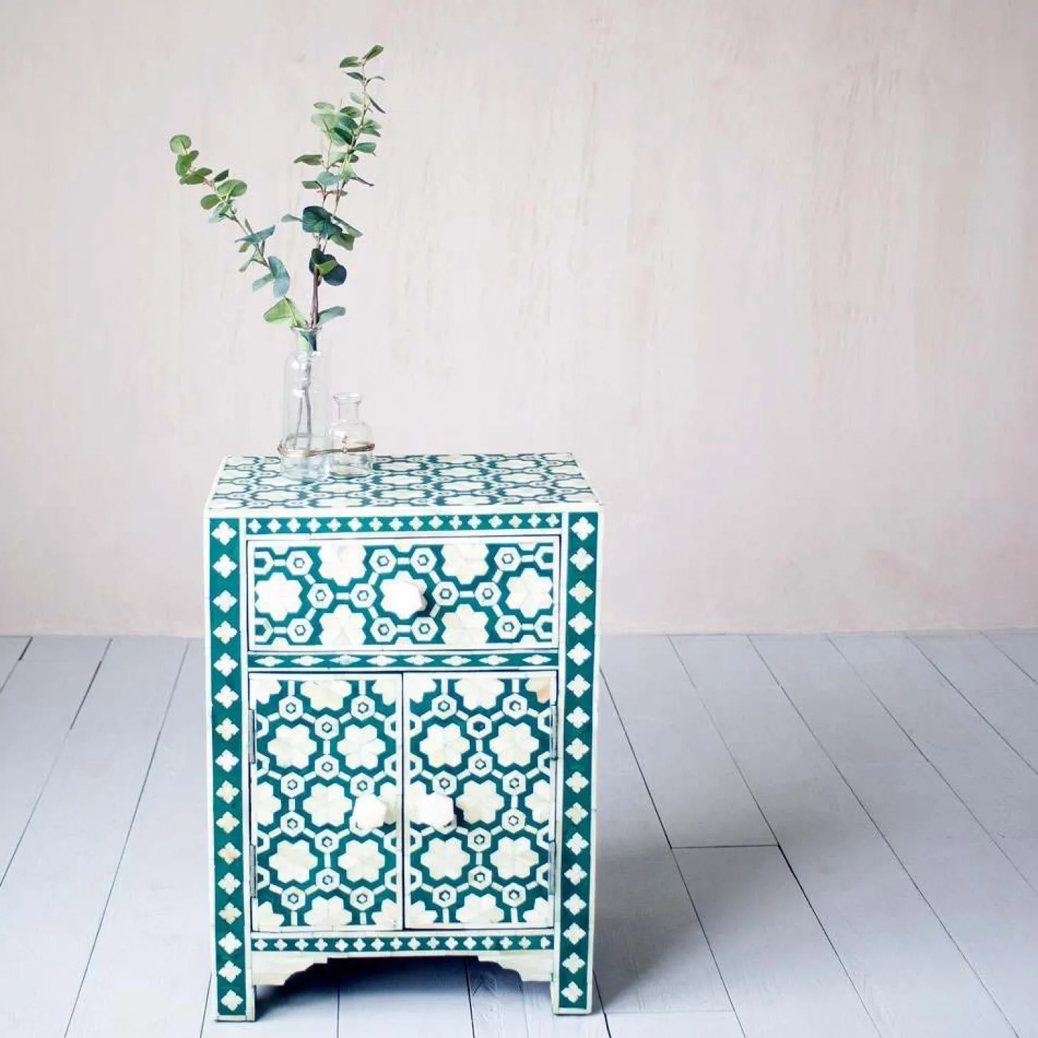 Jade Green Floral Bone Inlay Bedside Table