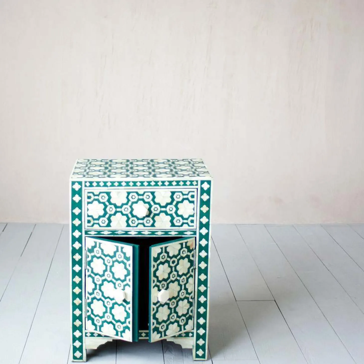 Jade Green Floral Bone Inlay Bedside Table