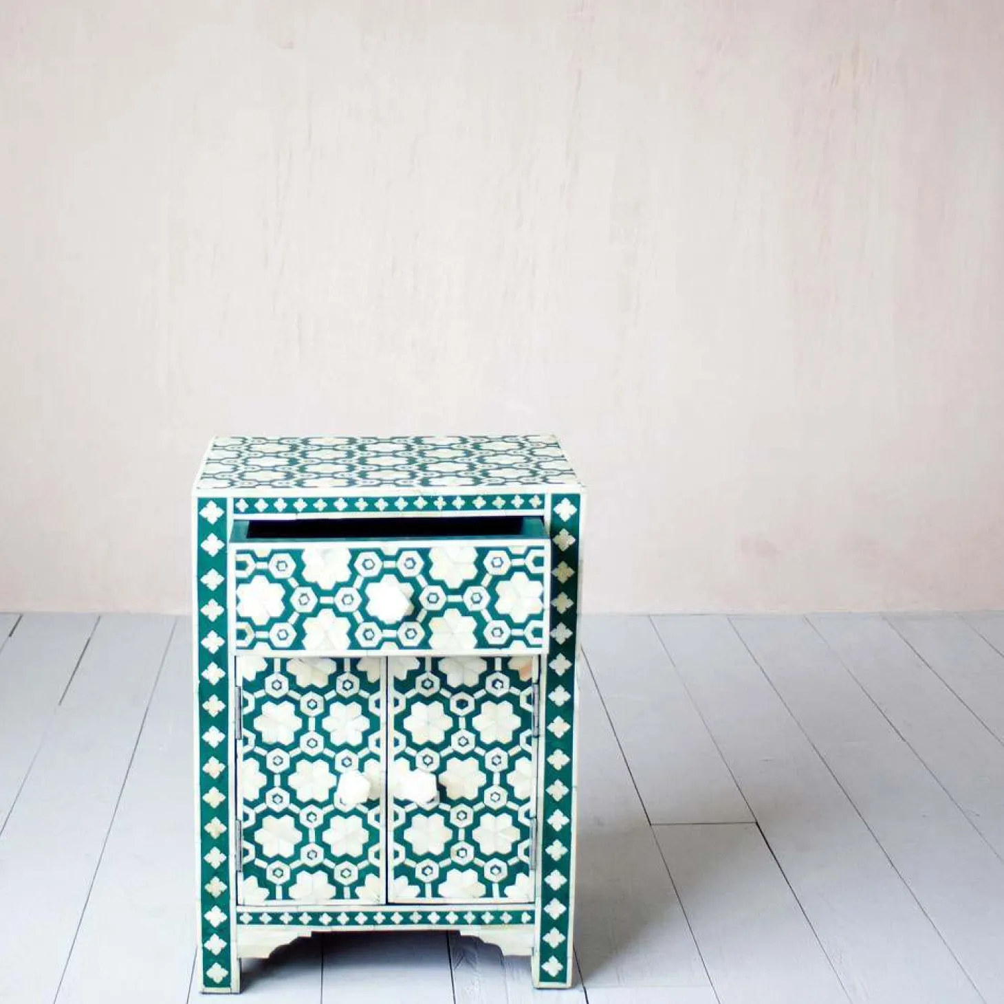 Jade Green Floral Bone Inlay Bedside Table