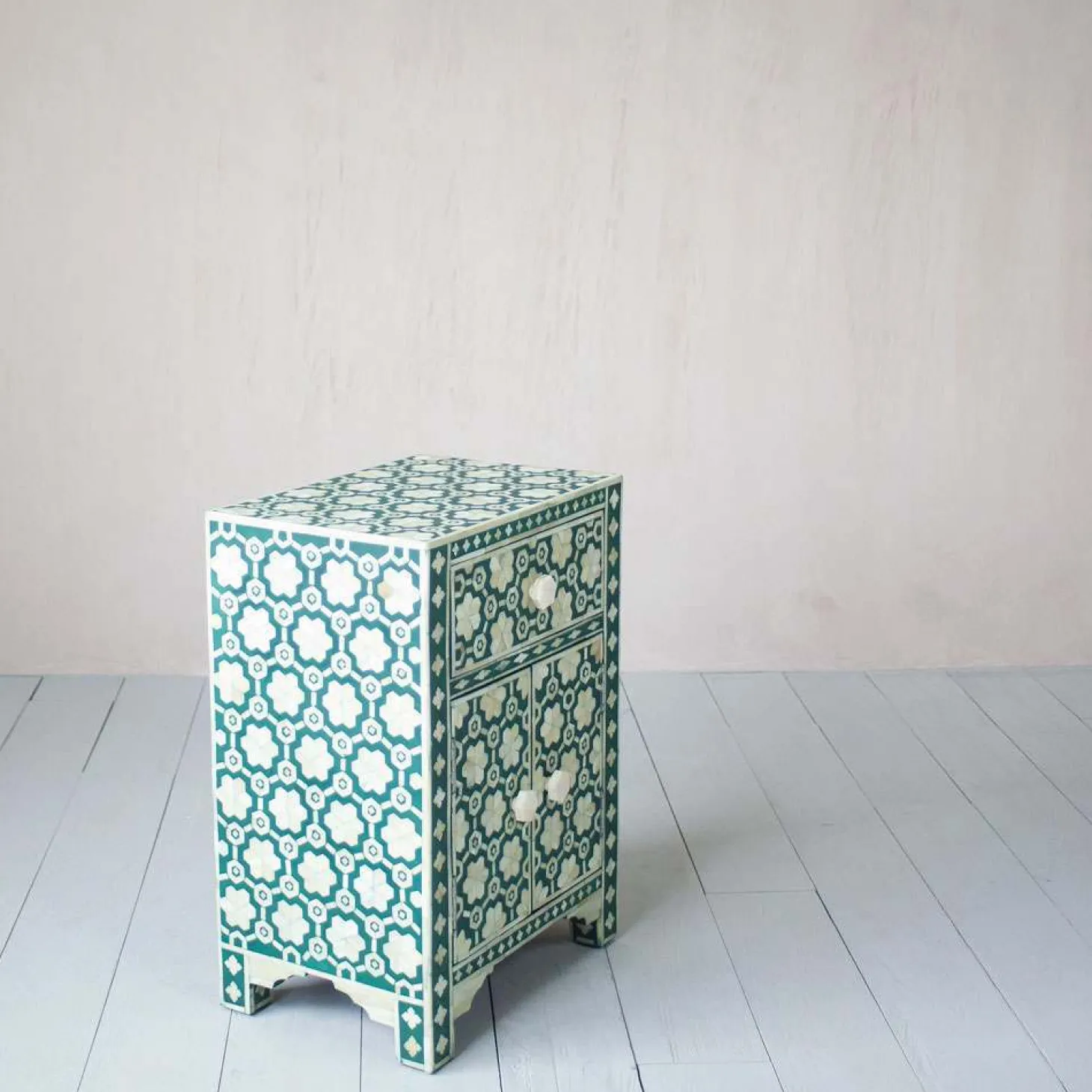 Jade Green Floral Bone Inlay Bedside Table