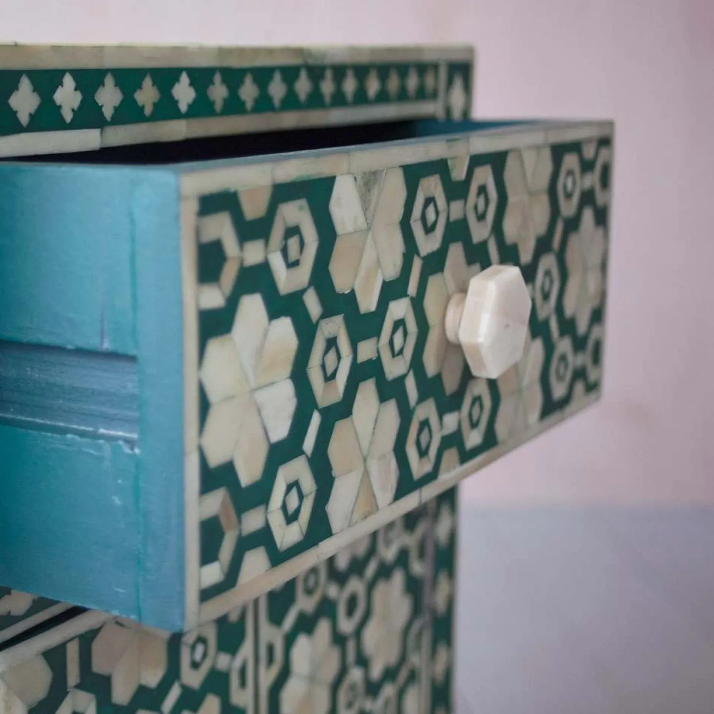 Jade Green Floral Bone Inlay Bedside Table
