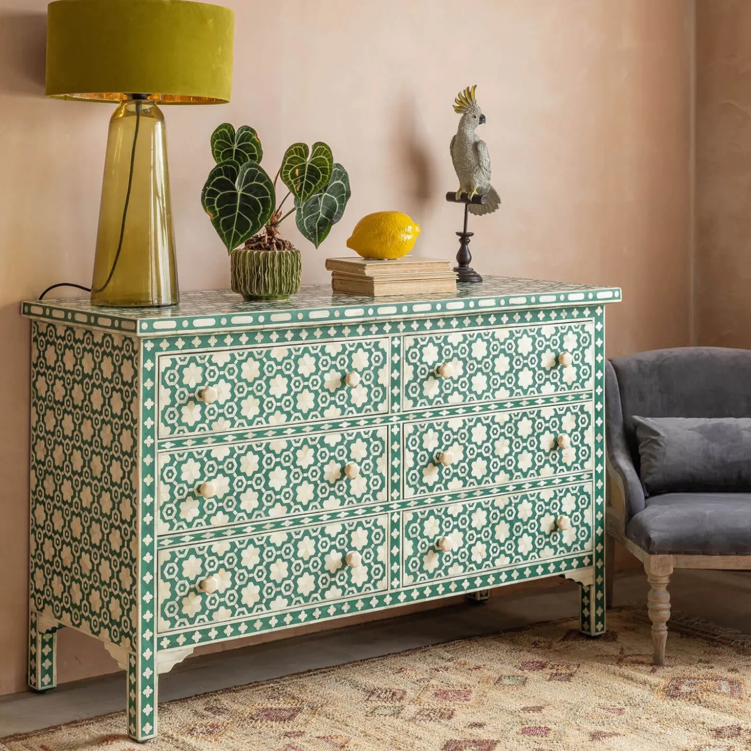 Jade Green Floral Bone Inlay Small Double Chest of Drawers