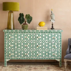 Jade Green Floral Bone Inlay Small Double Chest of Drawers